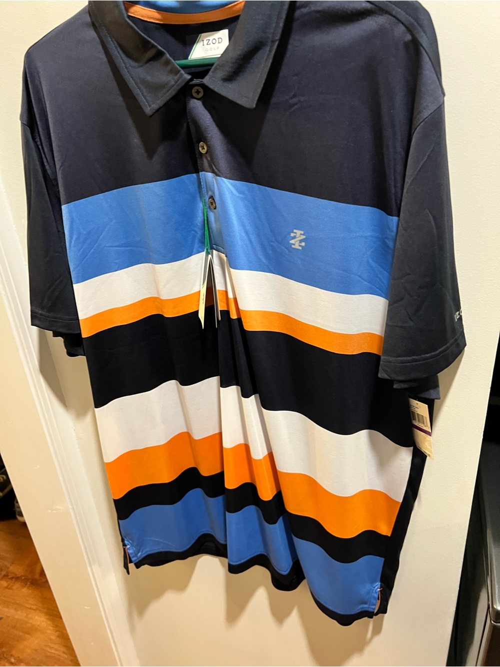 Izod Men's Navy Polo with Blue, White and Orange Stripes
